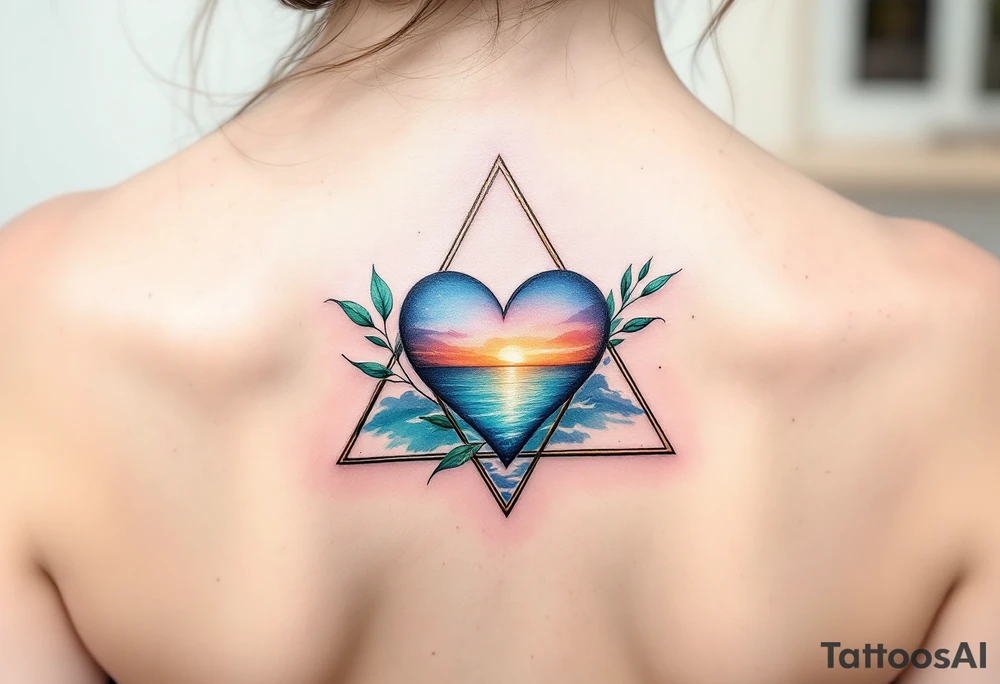 A triangle with a big heart in the center with an ocean travel theme tattoo idea