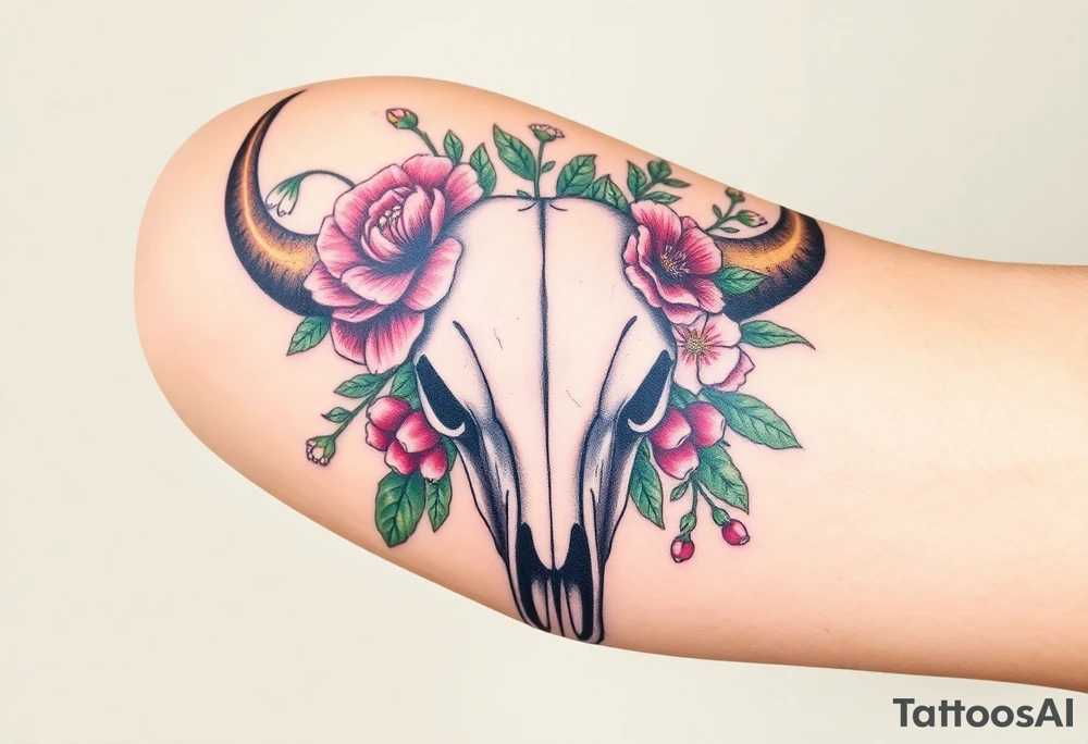 Buffalo skull with flowers. Peony, snowdrop, holly with berries, larkspur, peony. Colour. For upper arm. Masculin. tattoo idea