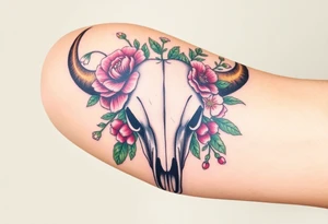 Buffalo skull with flowers. Peony, snowdrop, holly with berries, larkspur, peony. Colour. For upper arm. Masculin. tattoo idea
