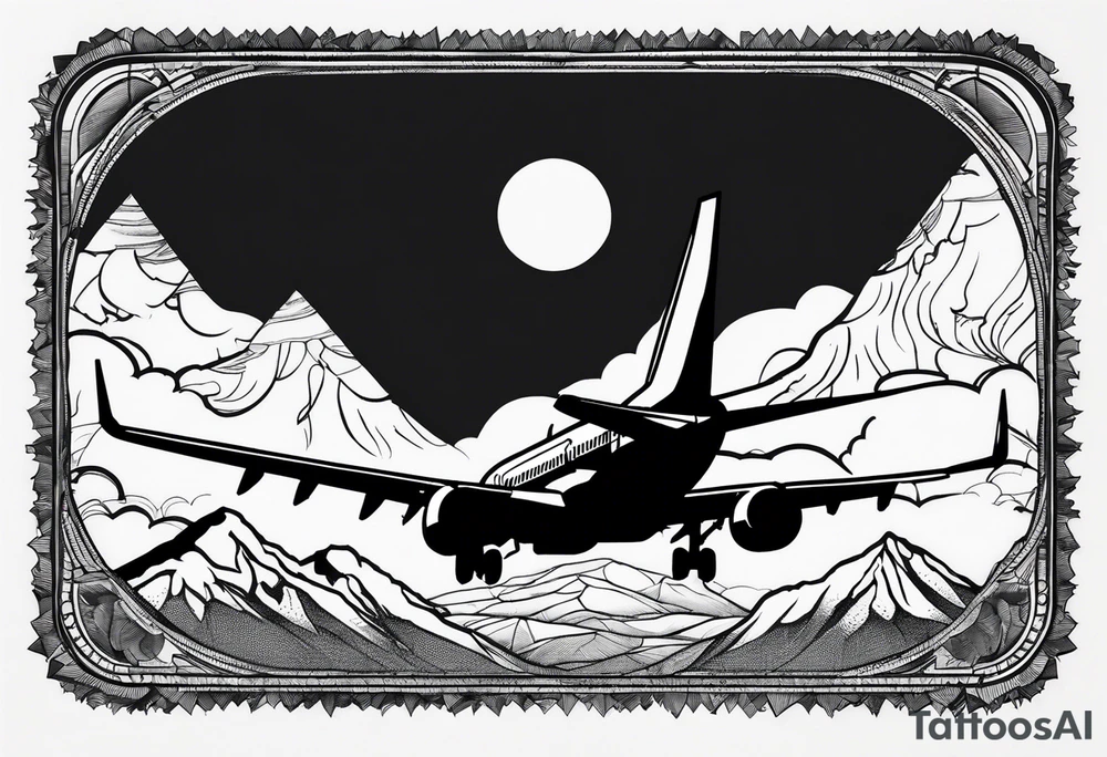 boeing 737 silhouette viewed from infront of the plane, and the silhouette is filled in with mountain scenery, and has a thin black lined border in an oblong diamond shape tattoo idea