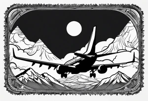 boeing 737 silhouette viewed from infront of the plane, and the silhouette is filled in with mountain scenery, and has a thin black lined border in an oblong diamond shape tattoo idea