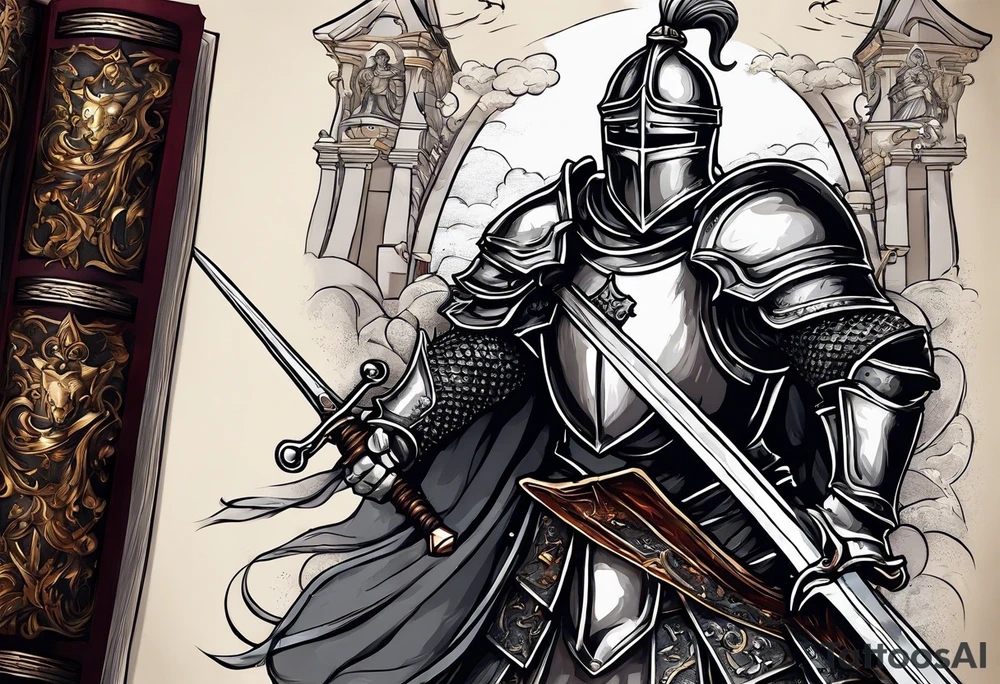 a knight pulling a sword out of an open bible tattoo idea