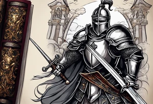 a knight pulling a sword out of an open bible tattoo idea