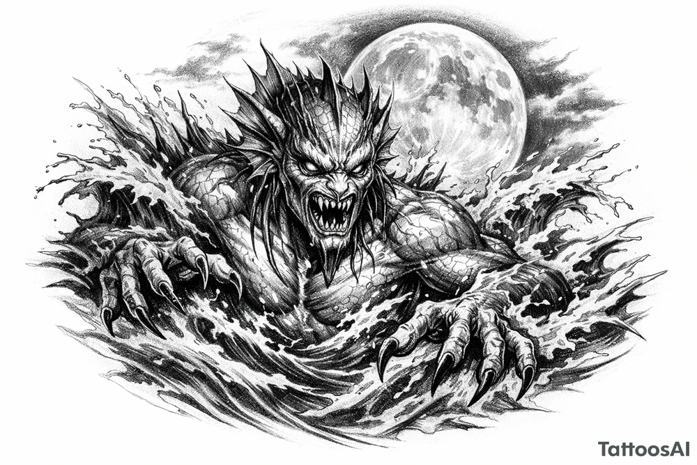 water-demon,waves,full moon. tattoo idea