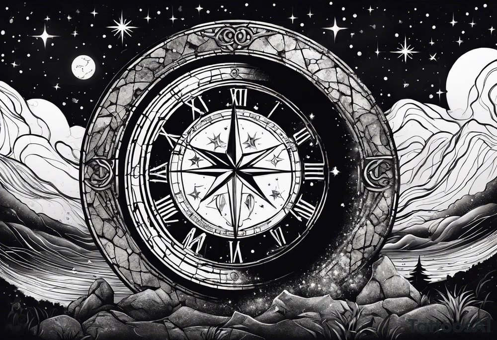 Matter, energy, space, time with an old stone theta symbol and a star-filled night in the background with a Scorpio constellation tattoo idea