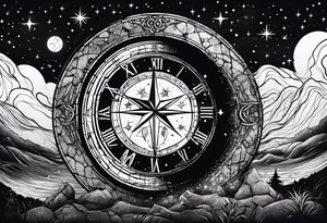 Matter, energy, space, time with an old stone theta symbol and a star-filled night in the background with a Scorpio constellation tattoo idea