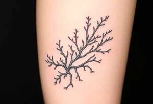 Photorealistic tattoo design of Asparagopsis taxiformis red algae, detailed texture, natural branching pattern, underwater appearance, suitable for calf placement, flowing upward” tattoo idea