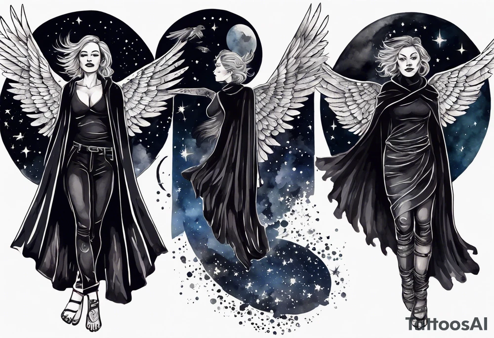 a beautiful 45 year old woman flying in the night sky with black wings, wearing a black cloak and gloves, bare feet tattoo idea