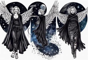 a beautiful 45 year old woman flying in the night sky with black wings, wearing a black cloak and gloves, bare feet tattoo idea