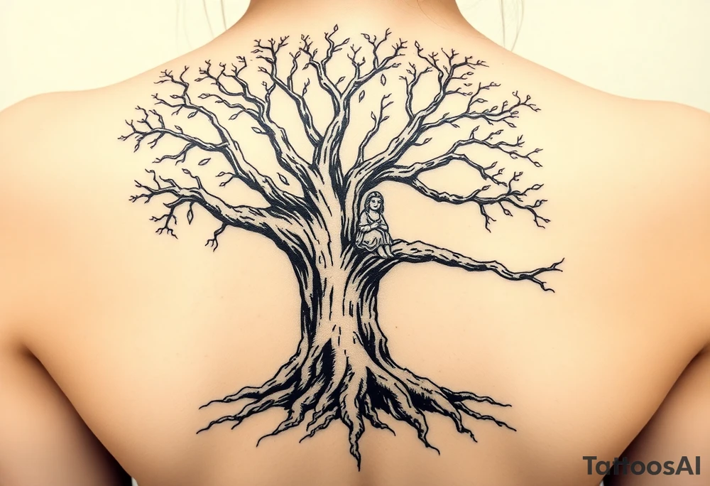 A strong and tall oak tree, with deep roots, with scratches and tears on the trunk. On a long branch, half way up the tree, sits a little girl and Jesus gazing into the distance. tattoo idea