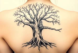 A strong and tall oak tree, with deep roots, with scratches and tears on the trunk. On a long branch, half way up the tree, sits a little girl and Jesus gazing into the distance. tattoo idea