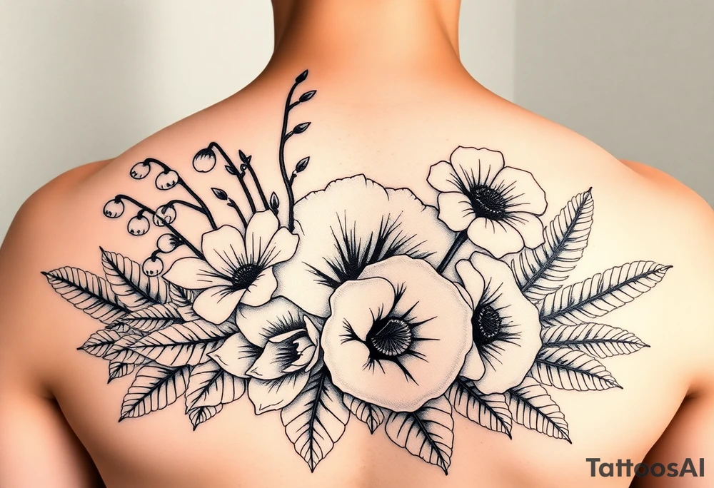 Bouquet made of daisy, Lilly of the valley, rose, poppy with exotic foliage like fern leaves and Monstera for arm sleeve
Make them more visible tattoo idea