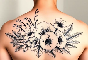 Bouquet made of daisy, Lilly of the valley, rose, poppy with exotic foliage like fern leaves and Monstera for arm sleeve
Make them more visible tattoo idea