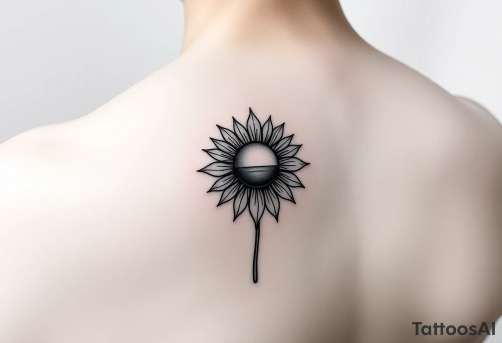 Half Sunflower, half sun tattoo that will "shine" on another small tattoo right above my elbow . It will go on my bicep with a stem, fine line and feminine tattoo idea