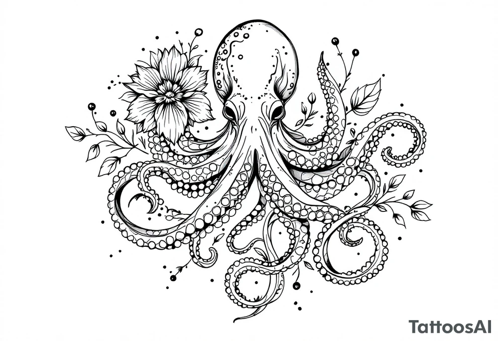 realistic octopus, detailed linework, intricate, black-and-grey shading, surrounded by floral ornaments, intertwining and merging with flowers, thin black swirling lines, semi-transparent brown leaves, dotwork, ornamental flourishes, radiating design, fine-line style, minimalistic, organic flow, feminine, artistic, slightly surreal, seamless composition, marine botanical fusion, lifelike texture, graceful rhythm, smooth shading, soft leaves wrapping, blooming shoulder flower, outward radiating pattern, vine tentacle flow, integrated sea creature, botanical octopus curved body placement, natural organic movement tattoo idea