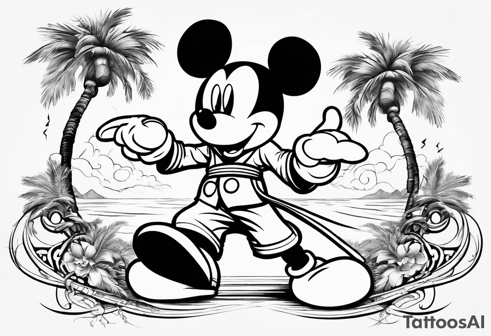 mickey mouse doing martial arts with palm trees, lightning storm and the celtic symbol for family tattoo idea