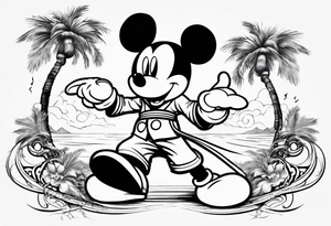 mickey mouse doing martial arts with palm trees, lightning storm and the celtic symbol for family tattoo idea