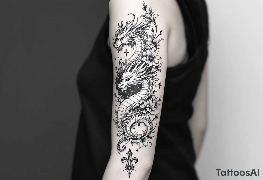 un dragon central entouré de fleurs de lys tattoo idea