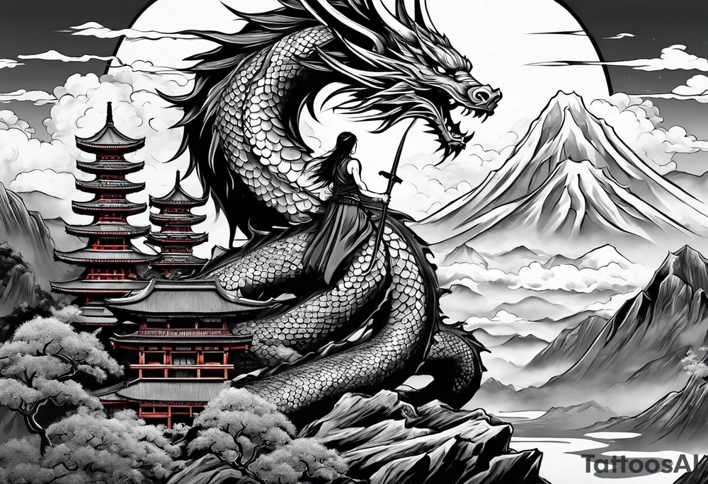 beautiful warrior fairy holding a sword and a dragon and the background will be mountains, clouds, and a Japanese building tattoo idea