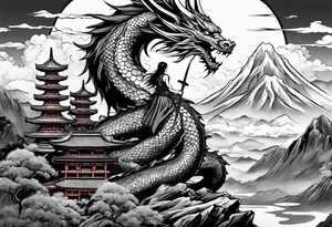 beautiful warrior fairy holding a sword and a dragon and the background will be mountains, clouds, and a Japanese building tattoo idea