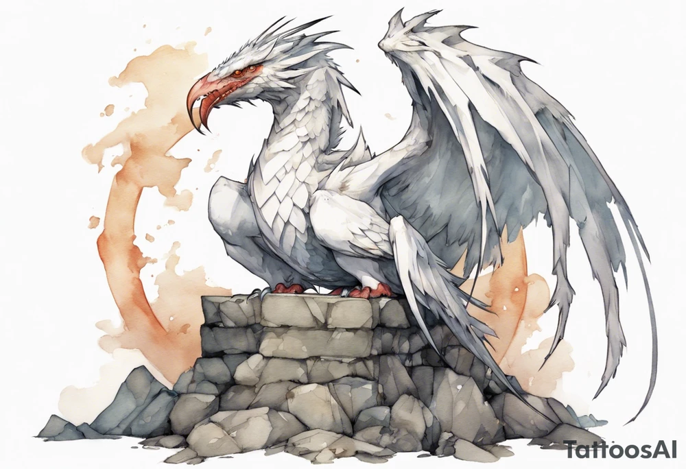 a white bird-wyvern hybrid wearing a plain iron band around leg, perched on a stone throne tattoo idea