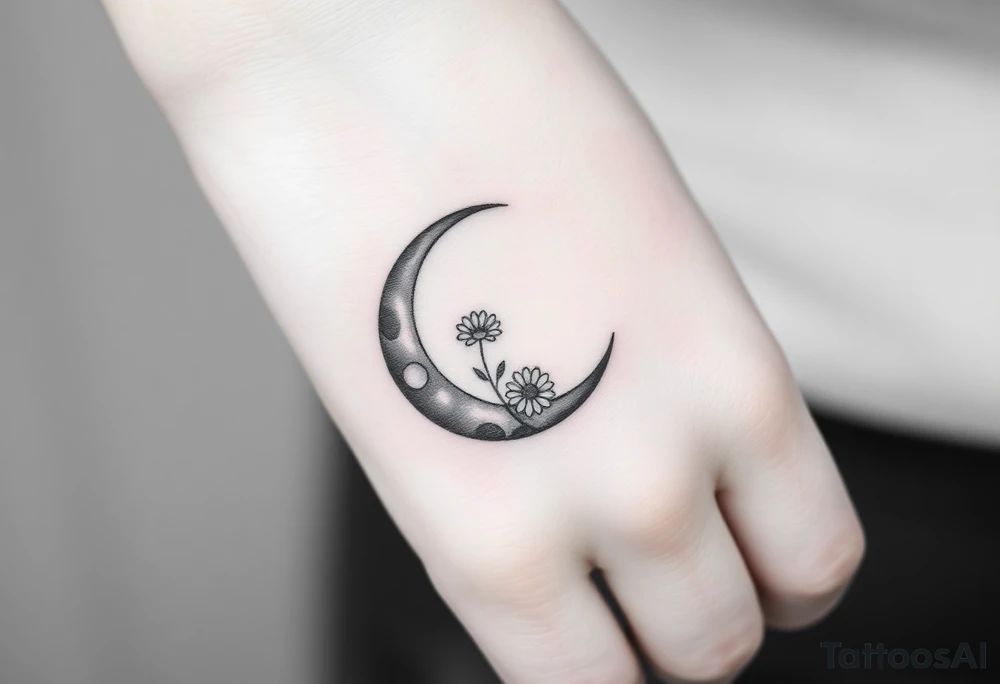 Small black and white tattoo waxing crescent moon with small Daisy birth flower and tiny Leo gliph tattoo idea