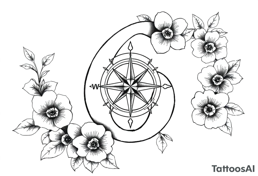 number 6 with flowers surrounding it and a nautical compass in the middle of the 6 and fleur des lis as the cross of the compass tattoo idea