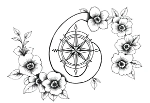 number 6 with flowers surrounding it and a nautical compass in the middle of the 6 and fleur des lis as the cross of the compass tattoo idea