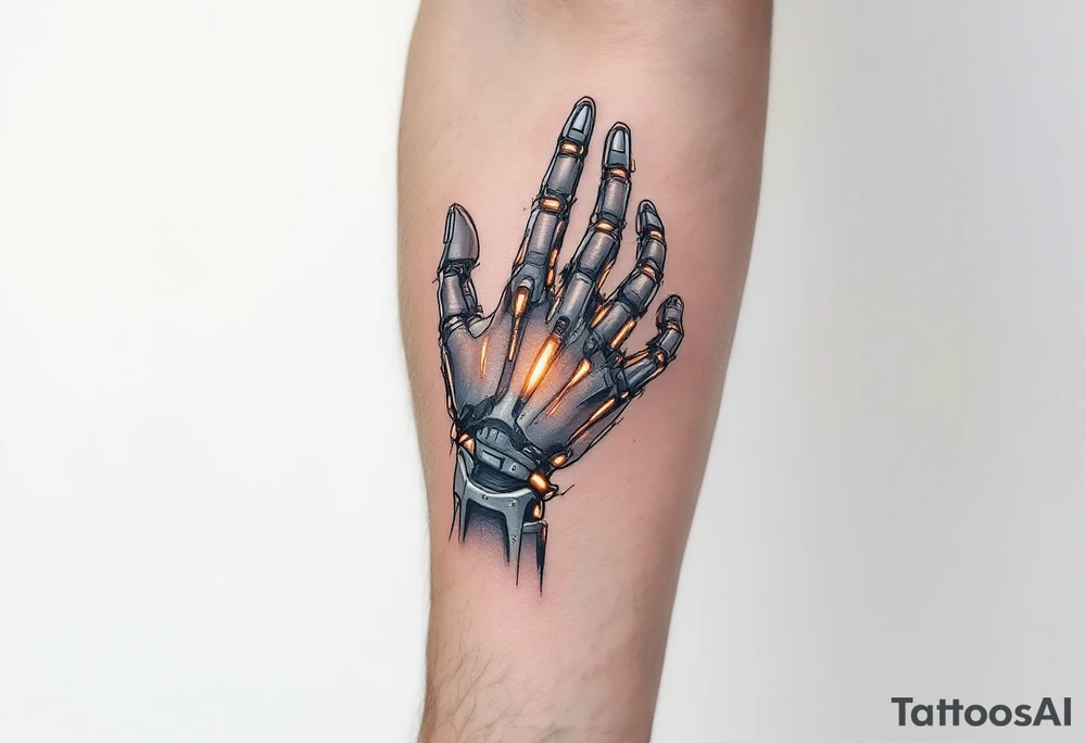 A half-human, half-robot hand in skin-tone fading into steel grey with glowing orange veins. tattoo idea