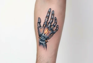 A half-human, half-robot hand in skin-tone fading into steel grey with glowing orange veins. tattoo idea