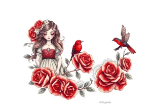 Vintage dollies, red roses, lace, red bird, no people, vintage tattoo idea