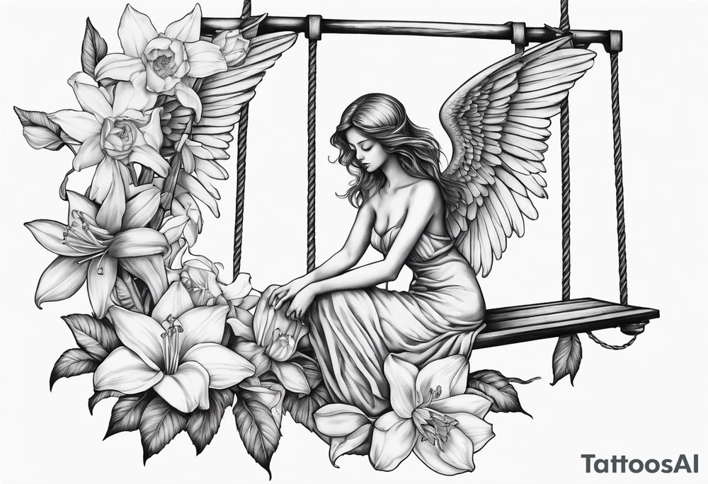 sad angel on swing with sagging wings, with head down surrounded by lily, daffodil, rose, daisy, narcissus tattoo idea