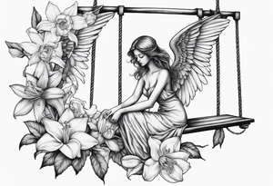 sad angel on swing with sagging wings, with head down surrounded by lily, daffodil, rose, daisy, narcissus tattoo idea