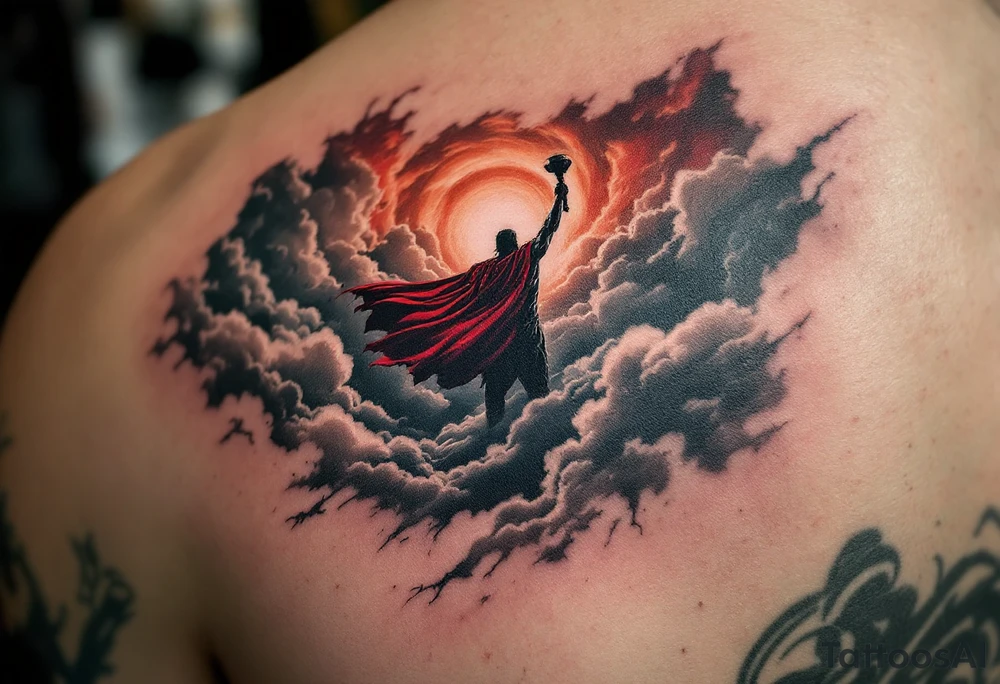 A stormy sky with Thor’s silhouette emerging from the clouds, holding Mjölnir high, his red cape flowing, in dramatic black, grey, and deep red tones. tattoo idea