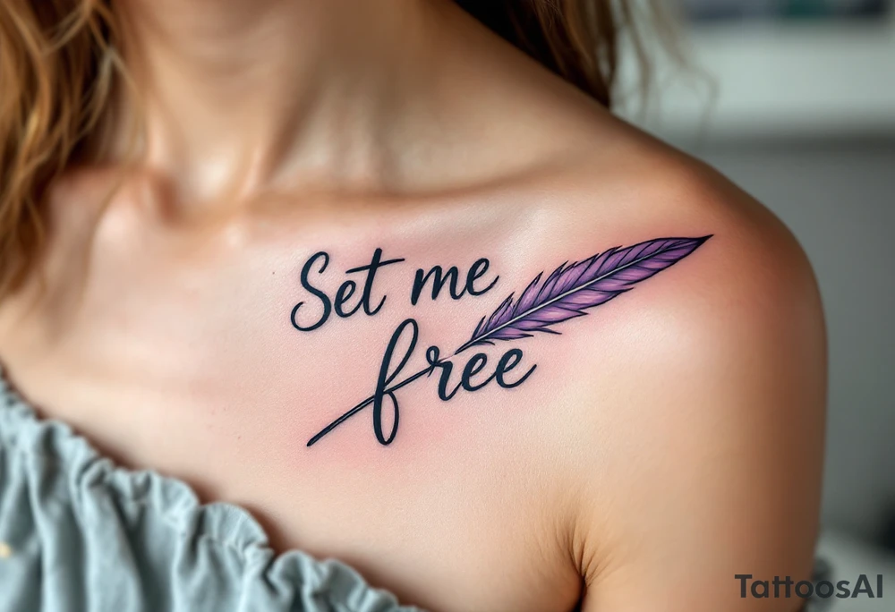 A lavender script quote reading “Set me free” wrapped around a black quill symbolizes the power of words to liberate. tattoo idea
