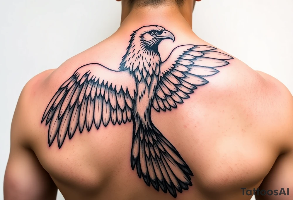 a majestic, fantastic bird, a combination of a hawk, crane and phoenix. The tattoo is placed on the left shoulder, we see the top of the bird, from bird perspective. One wing is pointing up the neck, the other wing is more curved and points towards the lower chest. The head of the bird points towards the left and is slightly raised. The tail of the bird runs over the shoulder and down the upper left arm. tattoo idea