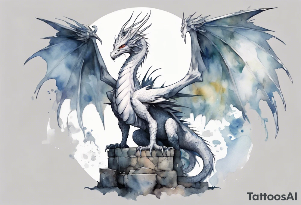 a white bird-dragon hybrid wearing a plain iron diadem, standing on a stone throne tattoo idea