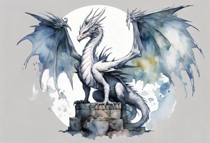 a white bird-dragon hybrid wearing a plain iron diadem, standing on a stone throne tattoo idea