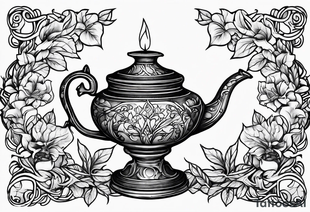 Oil lamp surrounded by leafy vines tattoo idea