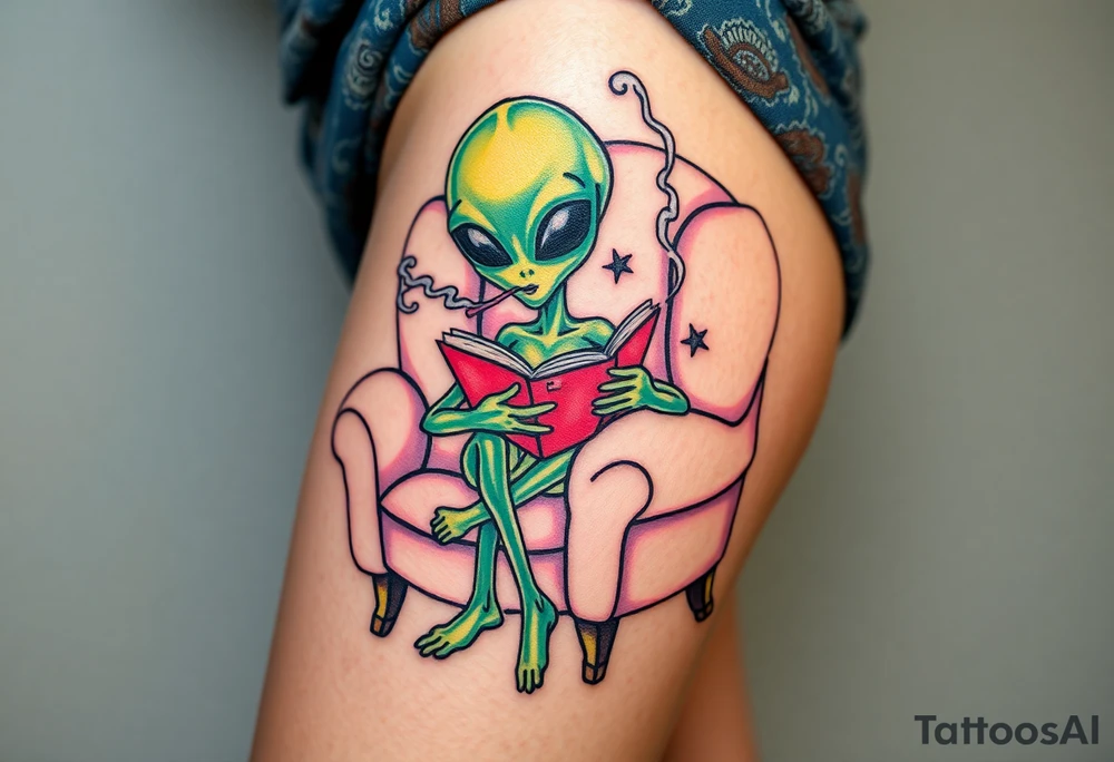 Alien reading a book while smoking and sitting in a fluffy chair tattoo idea