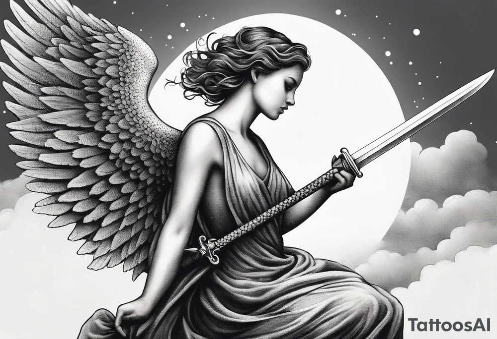 female angel with sword flying in the sky tattoo idea