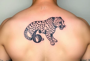 realistic cheetah tattoo with the number 62 tattoo idea
