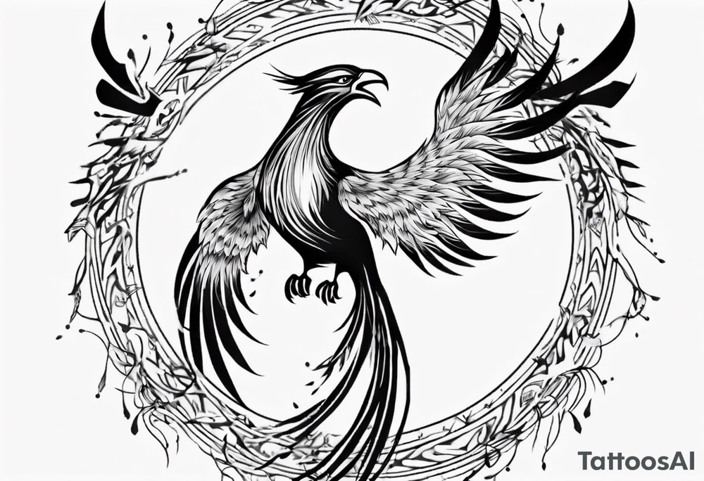 Vertical open mouthed flying Phoenix in circle with abstract dream catcher tail tattoo idea