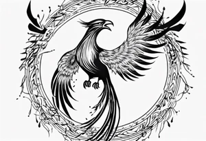 Vertical open mouthed flying Phoenix in circle with abstract dream catcher tail tattoo idea
