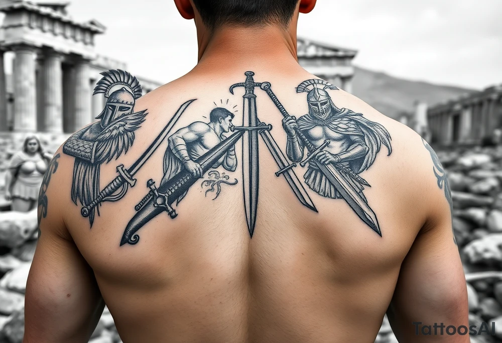 For a full back tattoo create the following battle seen- Viking vs Angus Kahn vs English knight vs Roman gladiator vs Japanese samurai. Note realistic fighting and weapons against each other. Background ancient ruins of Greece tattoo idea