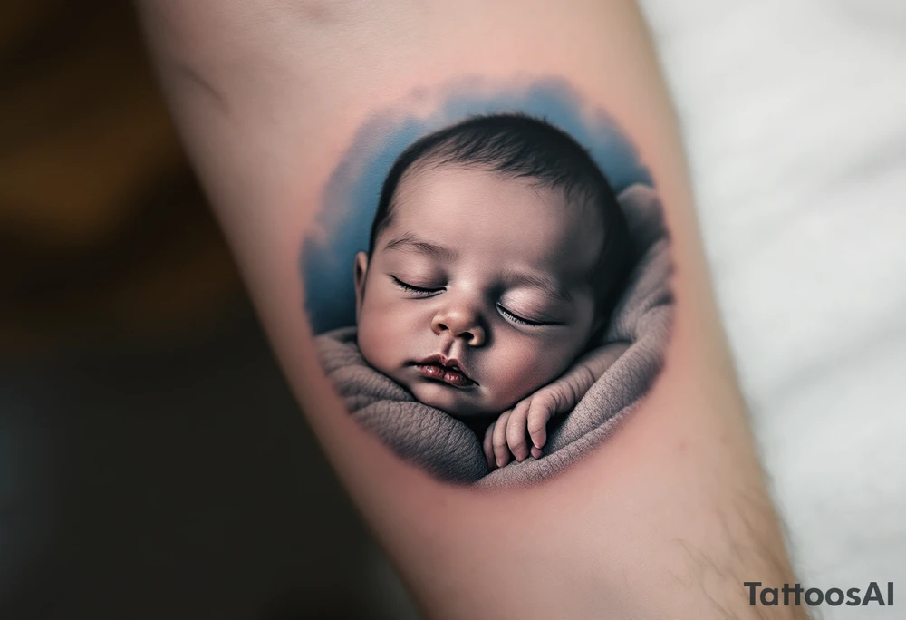 A realistic portrait of a sleeping baby boy in black and grey, with a soft blue background fade. tattoo idea