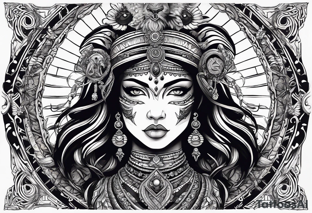 black kali, goddess pirate, alien, angel, pachamama, valkrye, warrior, flying, skull, lotus azul, wing, eagle, zenza resonance, stars, 5D, anahata chakra, death, durga, riding on a tiger, flying lady, kundalini, chest tatoo, samuri, rebel,serpent tattoo idea