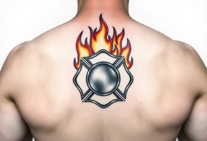 A roaring fire engulfing a firefighter’s badge, with deep orange and yellow flames contrasting against the polished silver emblem. tattoo idea