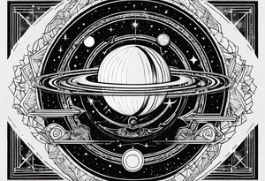 A tattoo with Saturn at the center surrounded by intricate linguistic symbols, reflecting the client's interests in cosmology and linguistics. tattoo idea