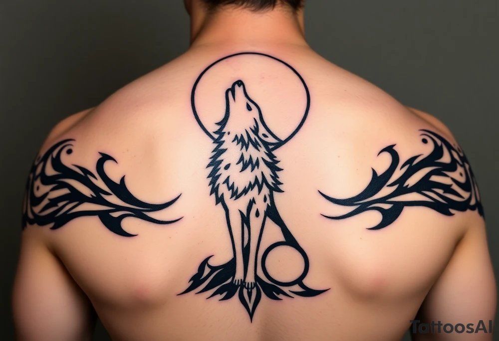 lone wolf howling at full moon with northern lights backdrop tattoo idea